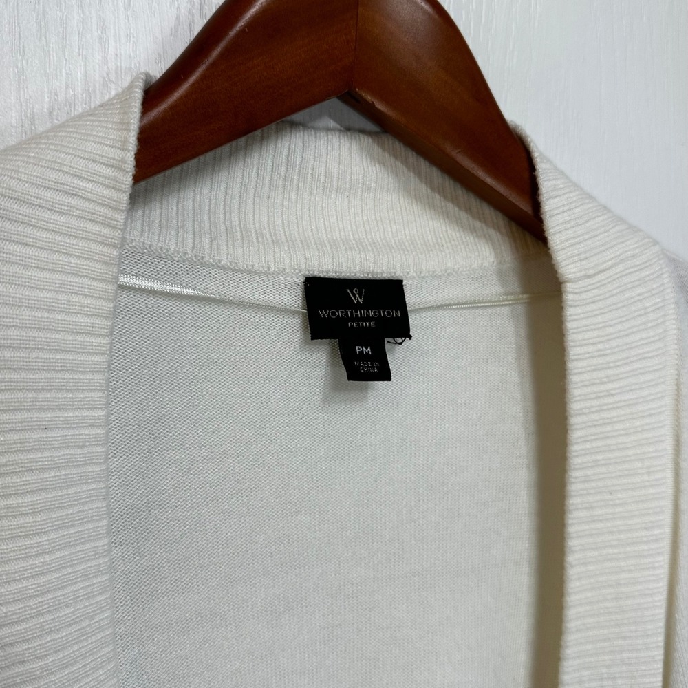 Worthington Petite Cream Open Front Cardigan Sweater PM Off White Ribbed Knit - Picture 4 of 8